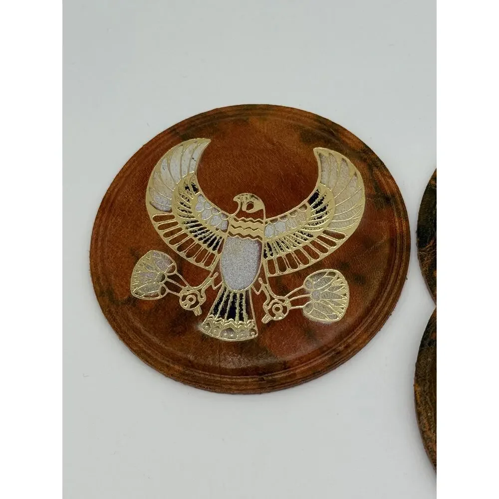 Vtg Egyptian Camel Leather Brown‎ w/ Gold Detail Set of 5 Coasters Drinkware